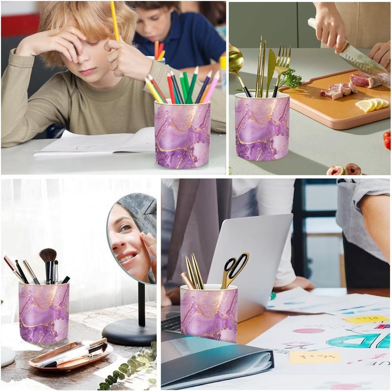 WAVEYU Pen Holder for Desk, Cute Ceramic Pencil Holder, Pen Cup Marker Holder Makeup Brush Holders, Desk Accessories & Workspace Organizers for Home, Office, Purple Marble - Image 3